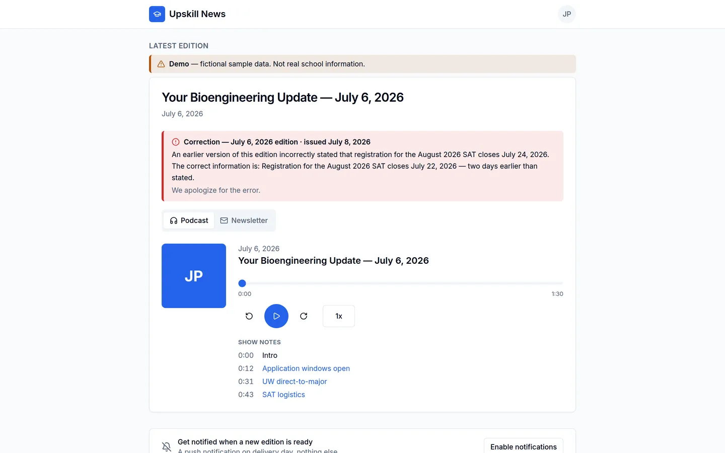 Client view of a bioengineering update edition with a prominent demo watermark banner reading 'fictional sample data', a labeled correction notice about an SAT registration deadline, and an in-app podcast player with timestamped show notes.