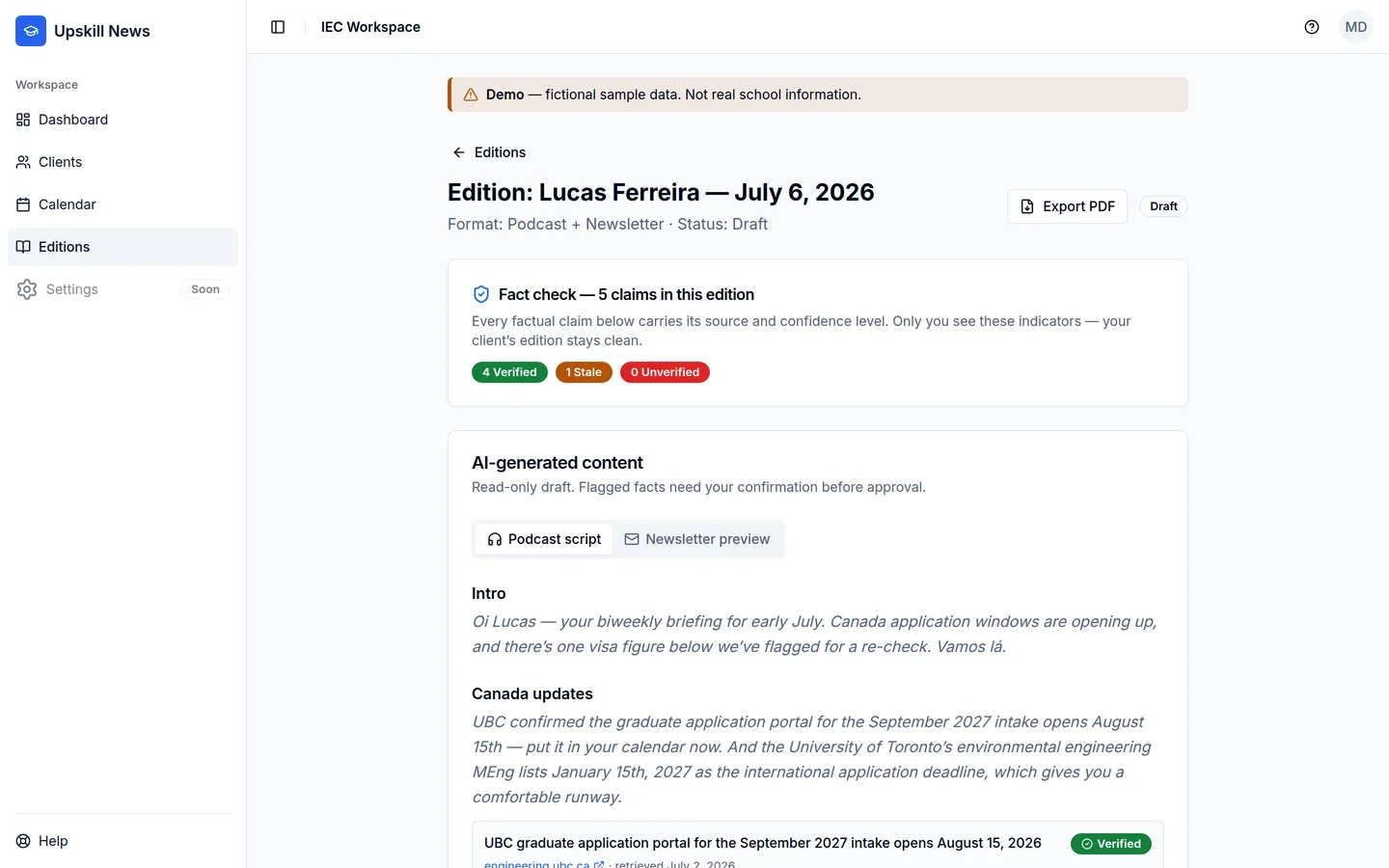 Upskill News edition review screen showing a fact-check summary with claims labeled Verified, Stale and Unverified, and an AI-generated draft awaiting consultant approval — fictional demo data.