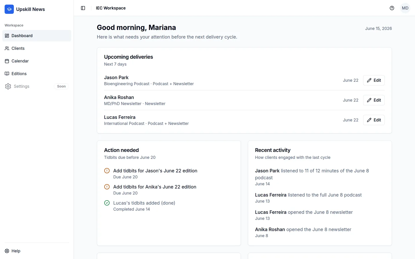 Upskill News consultant dashboard greeting Mariana, showing three upcoming client deliveries for June 22, an action-needed list of consultant tidbits due before June 20, and a recent-activity feed of clients opening newsletters and listening to podcasts.